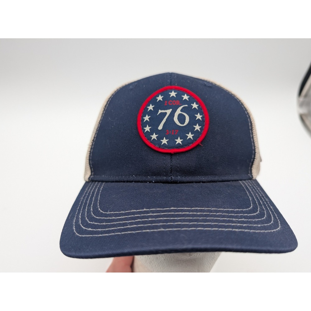 Hold Fast 76 2 Cor 3:17 Trucker Hat Navy Tan Mesh Snapback Faith Family Freedom